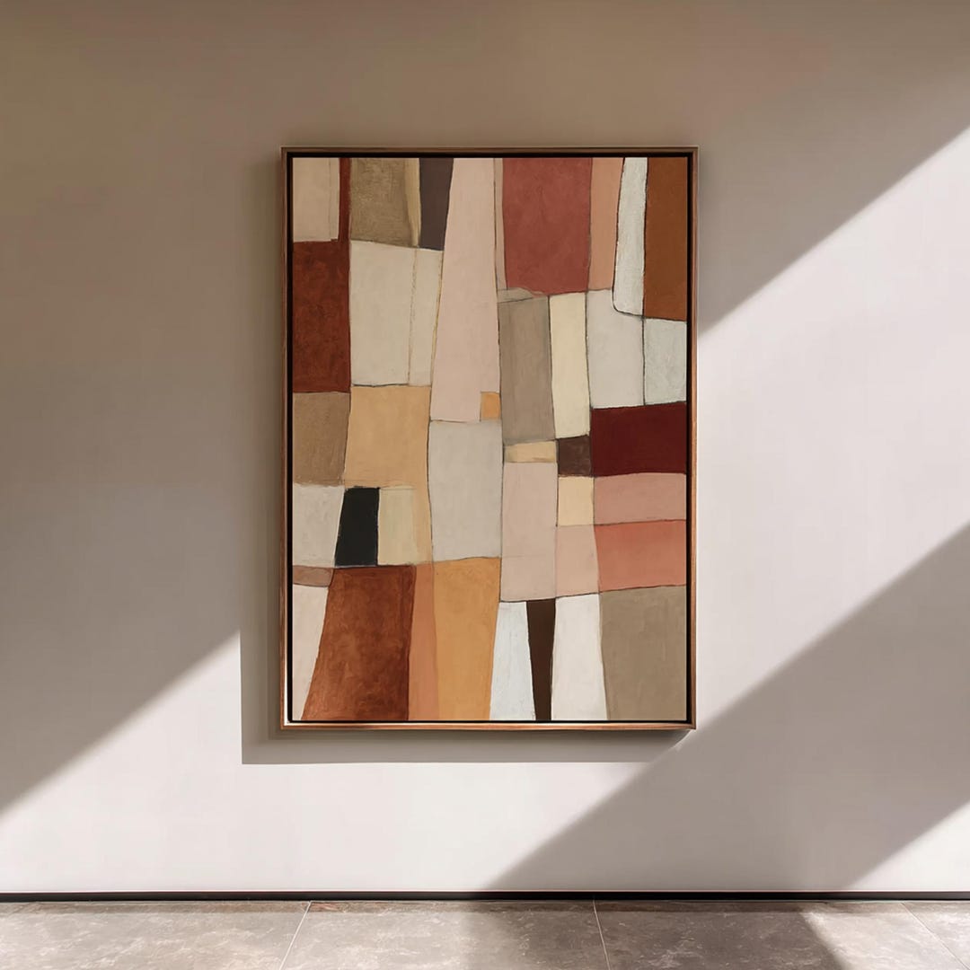 Original Earth Tone Oil Painting, Rectangular Art, Abstract Splicing ...