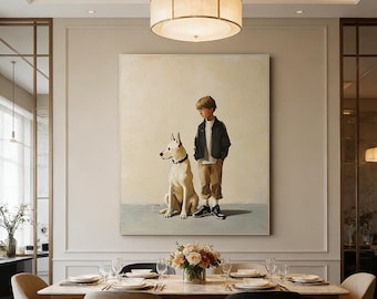 Abstract Boy and Dog Oil Painting: Minimalist Wabi-Sabi Art