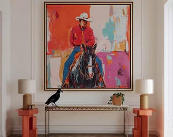 Origineel westerncowboyolieverfschilderij, kunst aan de muur ruitersport, man en paard olieverfschilderij, wanddecoratie gang