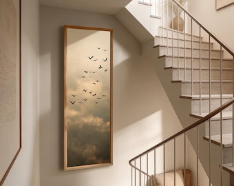 Original oil painting of birds in flight, Blue white art, Entrance decorations, Bird painting