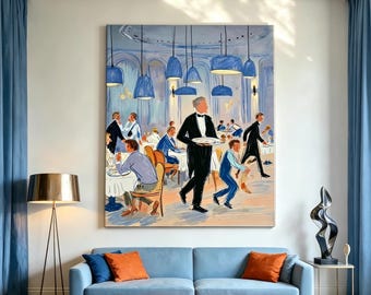 Original restaurant oil painting, Blue decoration,Wall art, Kitchen decorations