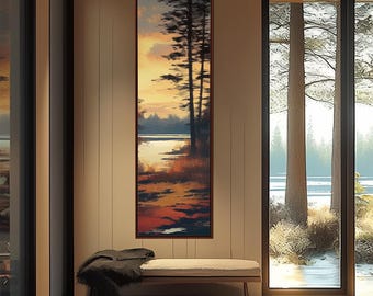 Oil paintings of lakes and trees, landscape painting with long narrow, wall decorations of cottages, vertical&framed painting.