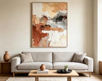 Original oil painting featuring a fusion style and an earth-tone palette, Living room art, Minimalist warm-toned oil painting