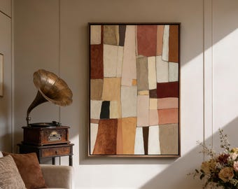 Original earth tone oil painting, Rectangular art, Abstract splicing painting, Kitchen decoration