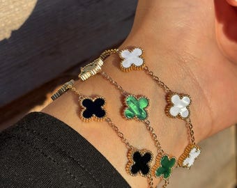 18k Four Leaf Clover bracelet, Pink Black White Green Blue White Mother of Pearl Four Leaf Clover bracelet, Birthday Gift, Gift for Her.