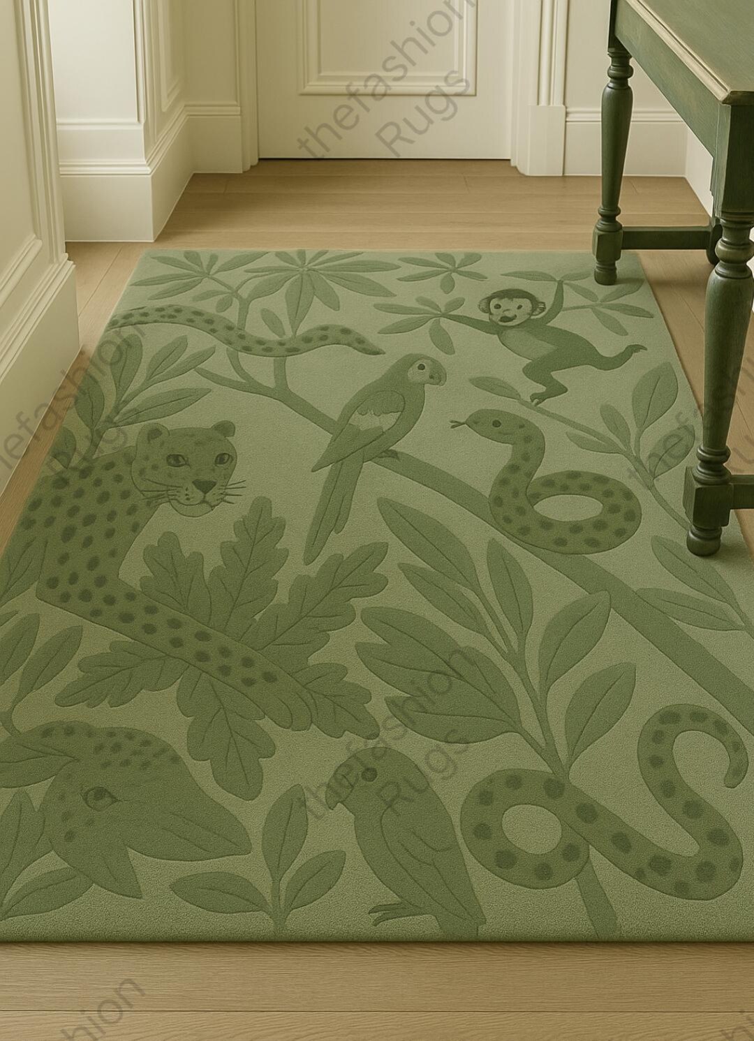 Green Jungle Animal Rug, Hand Tufted Kids Carpet, Monkey Leopard Snake ...