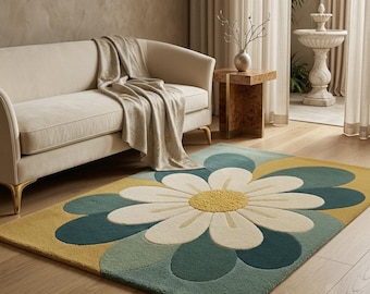 Hand-Tufted Wool Daisy Rug, Modern Boho Floral Area Mat, Living Room Bedroom Decor