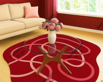 Modern Red Abstract Hand-Tufted Wool Rug | Unique Irregular Shape Carpet for Living Room | Luxury Designer Floor Decor 10x10 feet