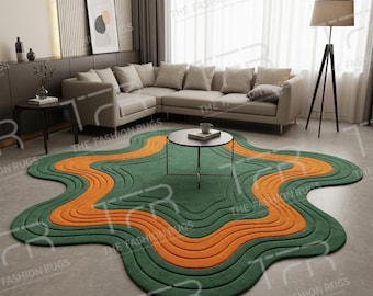 Hand Tufted Wool Rug | Irregular Abstract Wave, Green Orange Contemporary Area Carpet