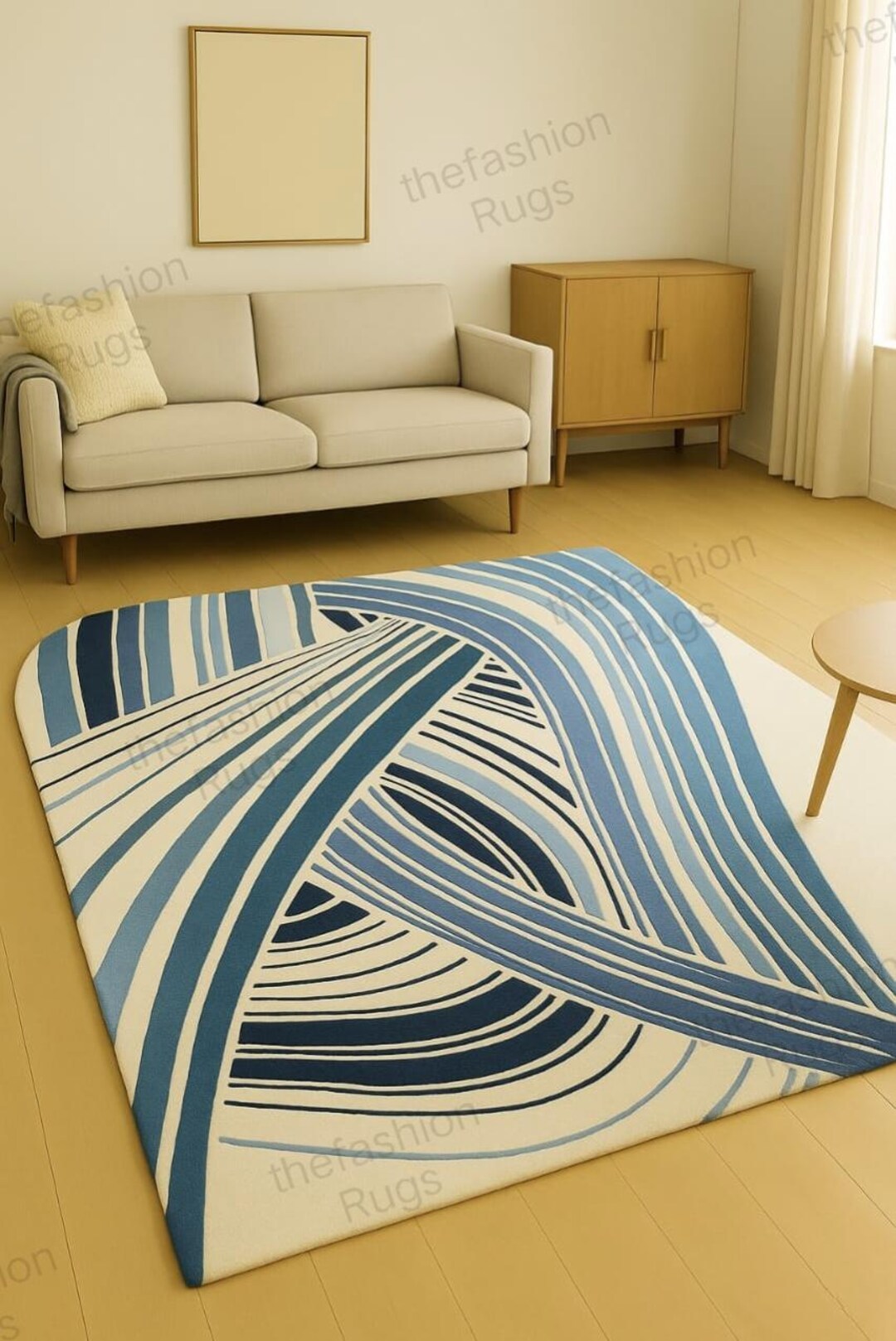 Abstract Blue Rug Pattern Abstract Blue Rug, Hand Tufted Wool Area Rug, Contemporary Curved ...