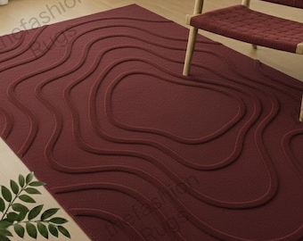 Alfombra moderna color burdeos, textura ondulada tallada en 3D, alfombra minimalista color rojo vino.