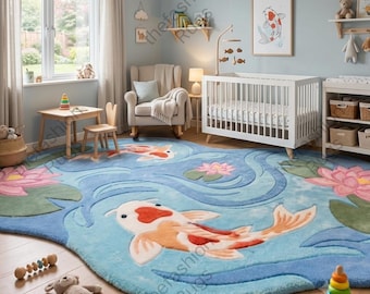 Hand Tufted Wool Koi Fish Rug, Japanese Pond Art, Lotus Flower Accent (10x10 Feet)