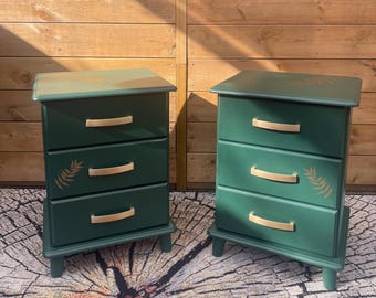 Green & Gold Bedside Tables: Re-loved Wood Cabinets with Sumac Leaf Design