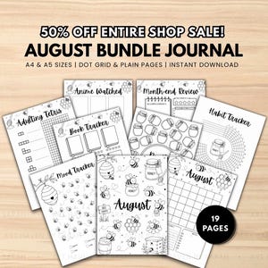 Può includere: Una raccolta di diciannove pagine di diario stampabili con illustrazioni in bianco e nero a tema ape. Le pagine includono tracker per abitudini, umore, libri e anime, insieme a un calendario mensile per agosto e vari layout a punti.