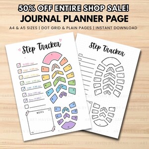 May include: Two printable journal planner pages titled Step Tracker. One page features a colorful footprint graphic with numbered sections and a notes box, while the other is a black and white version. Text includes 50% OFF ENTIRE SHOP SALE!