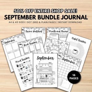 Op de afbeelding: Een digitaal september journal bundle met 16 pagina's aan printbare sjablonen in A4- en A5-formaat. De zwart-wit pagina's bevatten een gewoonte-tracker, stemmings-tracker, boeken-tracker, anime-lijst, maandoverzicht en een koffiebar-illustratie.