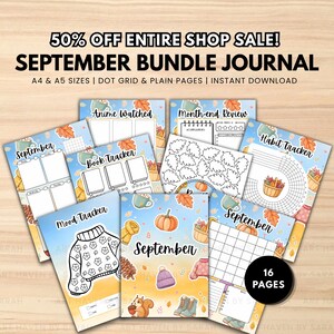 May include: A digital September bundle journal featuring 16 pages with autumn-themed illustrations including pumpkins, leaves, sweaters, and squirrels. The pages include trackers for habits, moods, books, and anime, with text reading 50% OFF ENTIRE SHOP SALE! SEPTEMBER BUNDLE JOURNAL A4 & A5 SIZES | DOT GRID & PLAIN PAGES | INSTANT DOWNLOAD.