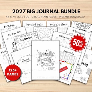 Könnte beinhalten: Ein 2027 Journal-Paket mit A4- und A5-druckbaren Seiten in Punktgitter- und Blanko-Layouts. Die Sammlung umfasst über 125 Seiten mit Themen wie Geburtstagen, Sparplänen, September-Kalendern, Zukunfts-Logs und 2027 Bingo-Spielen.