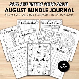 Puede incluir: Una colección de páginas de diario imprimibles en blanco y negro con temas de abejas y miel. Las páginas incluyen encabezados como August, Mood Tracker, Book Tracker, Adulting Tetris y Habit Tracker. El conjunto contiene 19 páginas en tamaños A4 y A5.