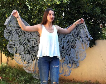 Gray Shawl Gray Wraps Shawl Crochet Lace Shawl lace knit shawl, knit shawl scarf Wedding Shawl crochet shawl