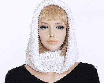 White Knitted Chunky Women Winter Hood Scarf Adult Teen Knitted Cocoon Hooded Cowl Hoodie Cowl Hat Cowl Winter Hat Hand Knit