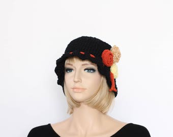 Black Hat Cloche Hat flowers Hat Crochet Hat Brimmed Hat Women's Hat Crocheted Sun Hat Crochet Beanie Crochet Cap Black Yellow  Orange