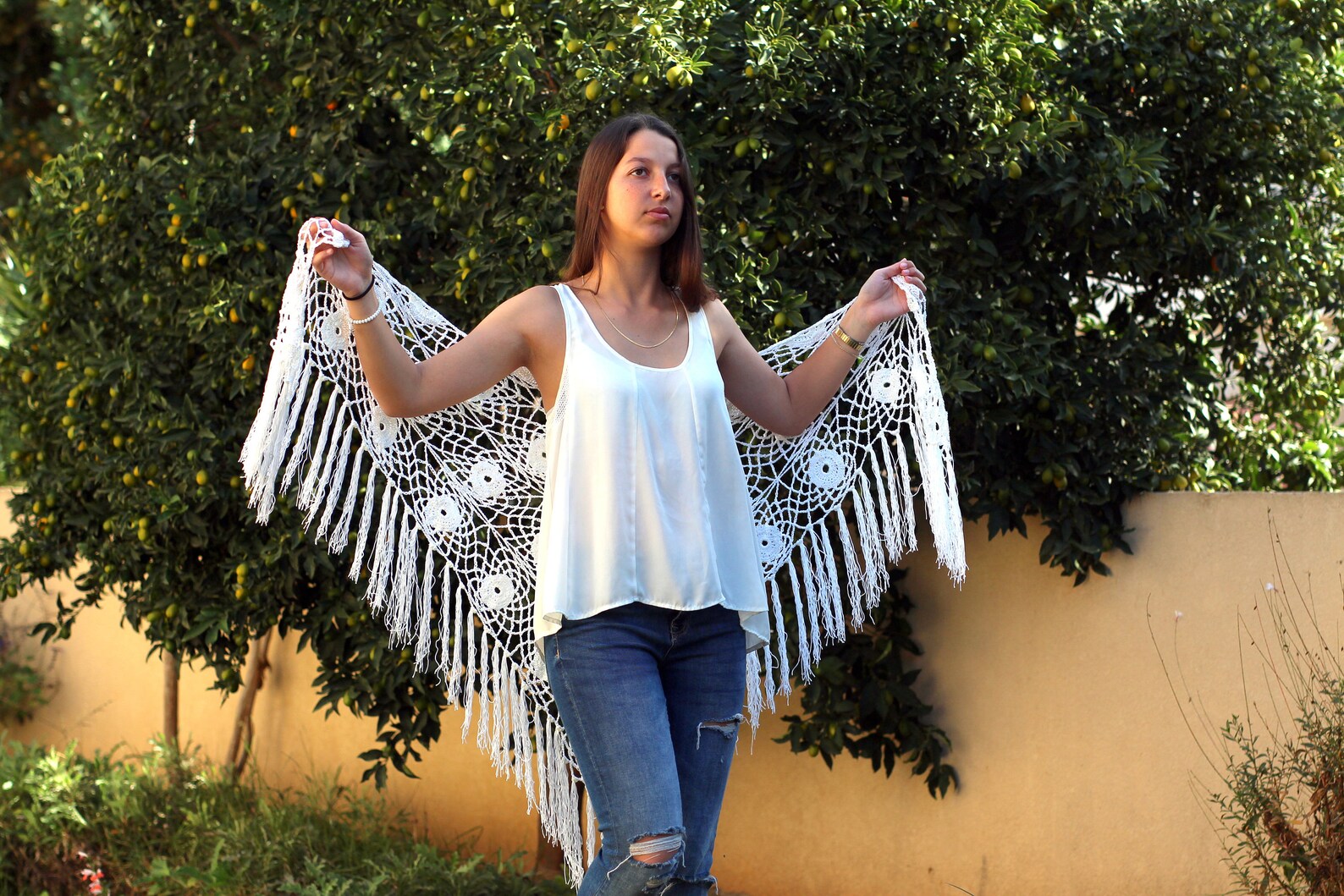 Off White Woven Design Wool Wrap Shawl 