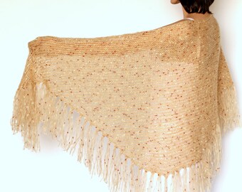 Crochet Shawl wrap Beige Fringe  Shawl Fringe scarf Knit shawl  Wraps shawls Beige shawl Tan shawl Crocheted Shawl