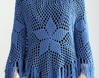 Crochet Poncho Blue Crochet poncho Lacy poncho poncho cape Shawl poncho Women's Pullover Sweater Fringed Shawl Knitted poncho