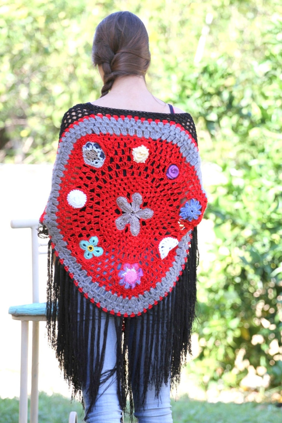 Black Shaw, Extra Large Shawl, Crochet Flower Shawl, Evening Black