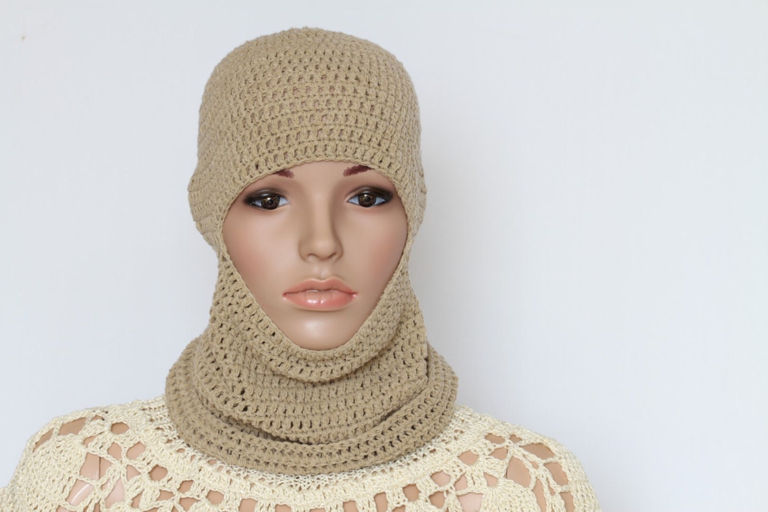 Crocheted Ski Mask Beige Winter Balaclava Mask Crocheted Face Etsy