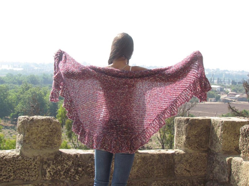 Wraps Shawl Knitted shawl Shawl wrap Red Shawl with a touches of cream and blue Women's Clothing Accessories image 2