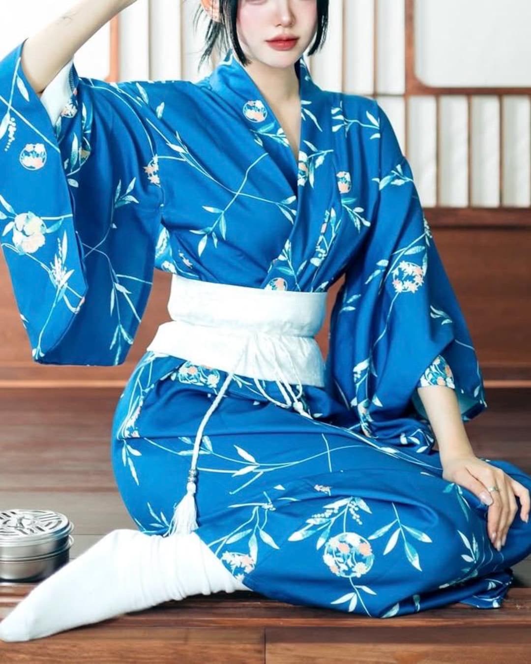 Blue Japanese Yukata – Women's Kimono Robe, White Flower
