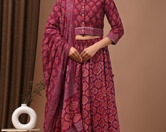 Indian Hand Block Print Lehenga Choli Set,  Red Floral Cotton Skirt, Dupatta