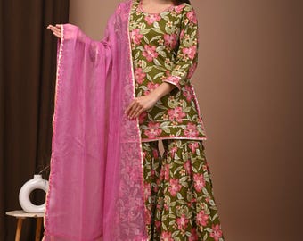 Jaipuri Printed Cotton Sharara Set with Pink Doria Dupatta