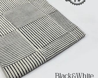 Block Printed Cotton Fabric: Black & White Striped Design