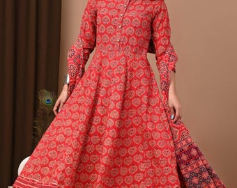 Indian Red Ajrakh Print Anarkali Kurta Set with Dupatta