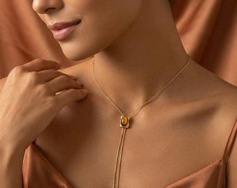 Collar tipo bolo para mujer con piedra natural, bolo de ojo de tigre natural, collar lariat, collar bolo ajustable, collar en Y dorado