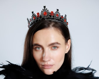 Gothic crown, Black crown, Red rhinestone tiara crown, Crystal crown, Queen crown, Black tiara, Halloween crown, Gothic wedding tiara