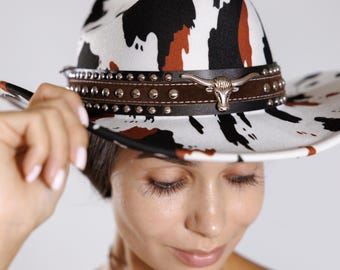 Cow Print Cowboy Hat, Western Cowgirl Hat, Rodeo Festival Hat, Bull Head Buckle Hat, Cowgirl Hat Cow Print, Women’s Western Hat