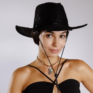 Black cowboy hat for women, Women’s western cowboy hat, Cowgirl hat with chin strap, Festival hat, Rave hat, Black western hat for ladies