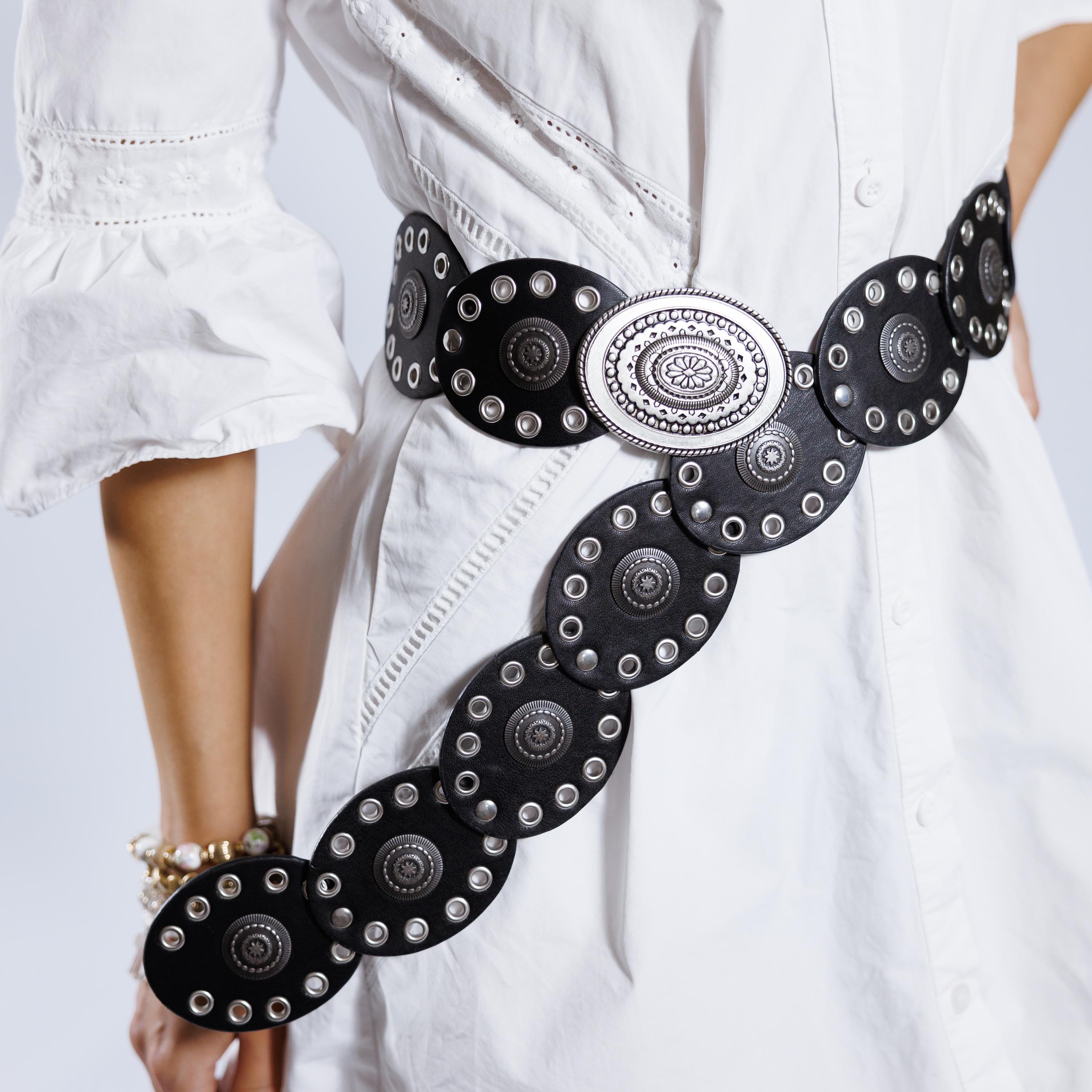 Women Leather Western Belt Concho Buckle Vintage Boho Festival Dress Western Leather Concho Belt in Antique Silver or Brass  main image 2