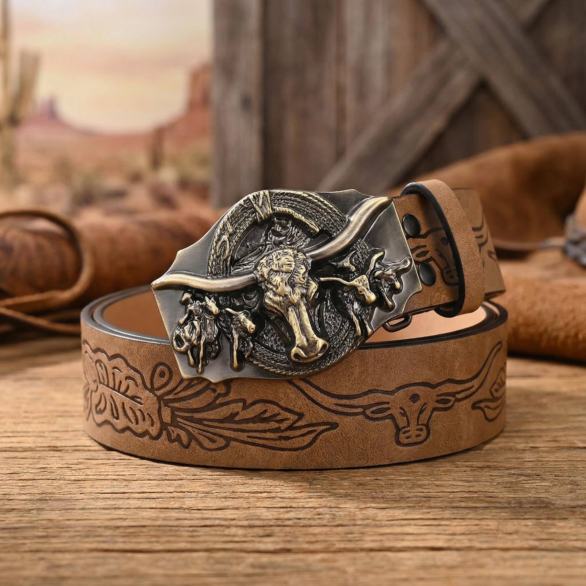 NEW Brown vegan Western Belt with Bull Skull Buckle SOLID Leather Belt With Bull Head Buckle. Western Cowboy  main image 4