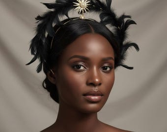 Black Feather Headband, Gothic Feather Crown, Celestial Halo Headpiece, Dark Fairy Headband, Festival Hair Accessory, Feather Headpiece