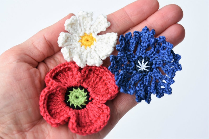 Crochet pattern Field flowers cornflower, poppy, daisy printable pdf, tutorial, DIY image 2