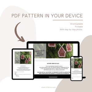 May include: A digital download for a crochet pattern of a gingerbread house ornament. The pattern is available in a PDF format and includes step-by-step photos. The pattern is by Mari-Liis Lille and is available on her website, lilleliis.com.