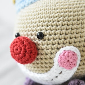 Op de afbeelding: Close-up van een gehaakte clownpop met een rode neus, zwarte ogen en een roze en witte bloem op zijn wang. De pop draagt een blauw-witte hoed.