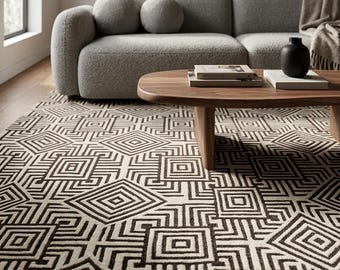 Alfombra geométrica tejida a mano, alfombra abstracta escandinava de rombos en negro y marfil.