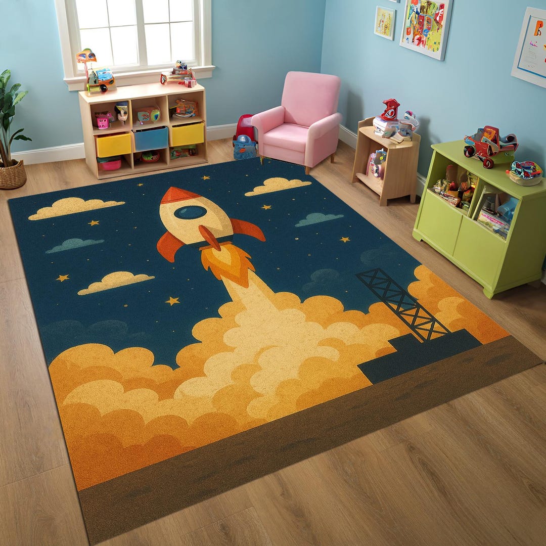 Launch Pad Rug Rocket Launch Wool Rug: Hand-tufted Space Theme Nursery Carpet - Etsy