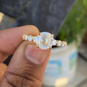 Moissanite Engagement Ring: Portuguese Cut, Pave Band, GRA Certified